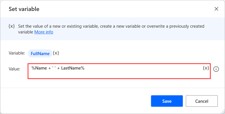 Screenshot of an expression with two variables name.