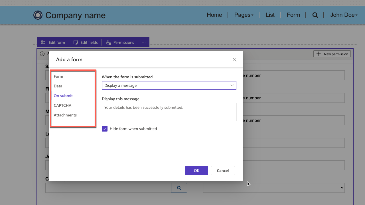 Screenshot of the form properties dialog with the On submit tab selected.