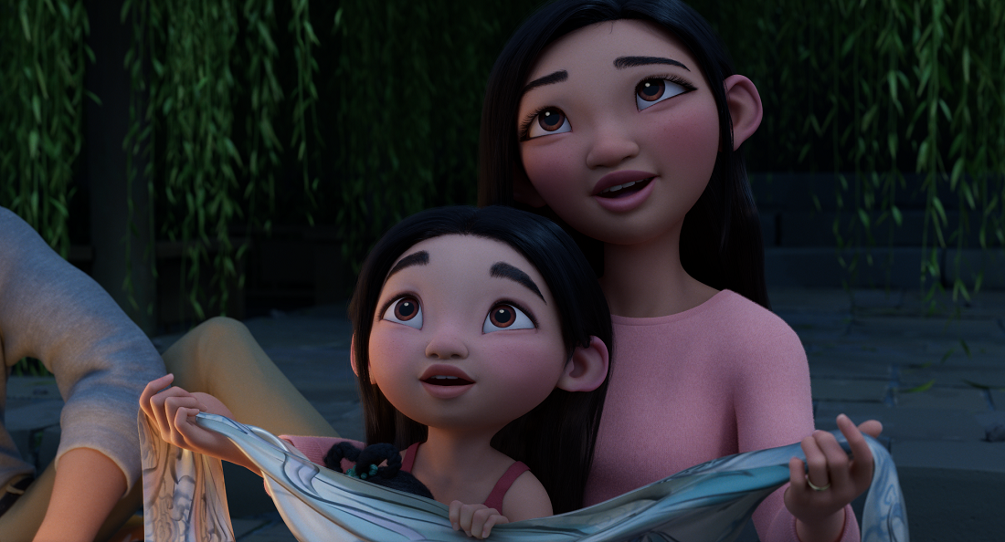 Image that shows Fei Fei and her mother looking into the sky as her mother tells the story of Chang'e.