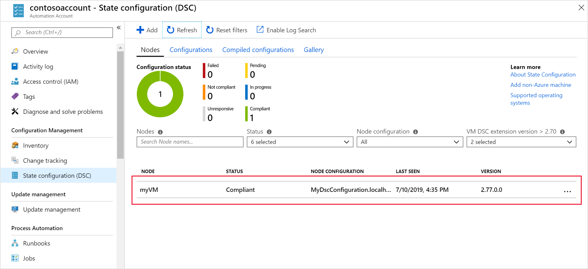 Screenshot of the Azure portal, showing the Nodes pane with myVM registered.