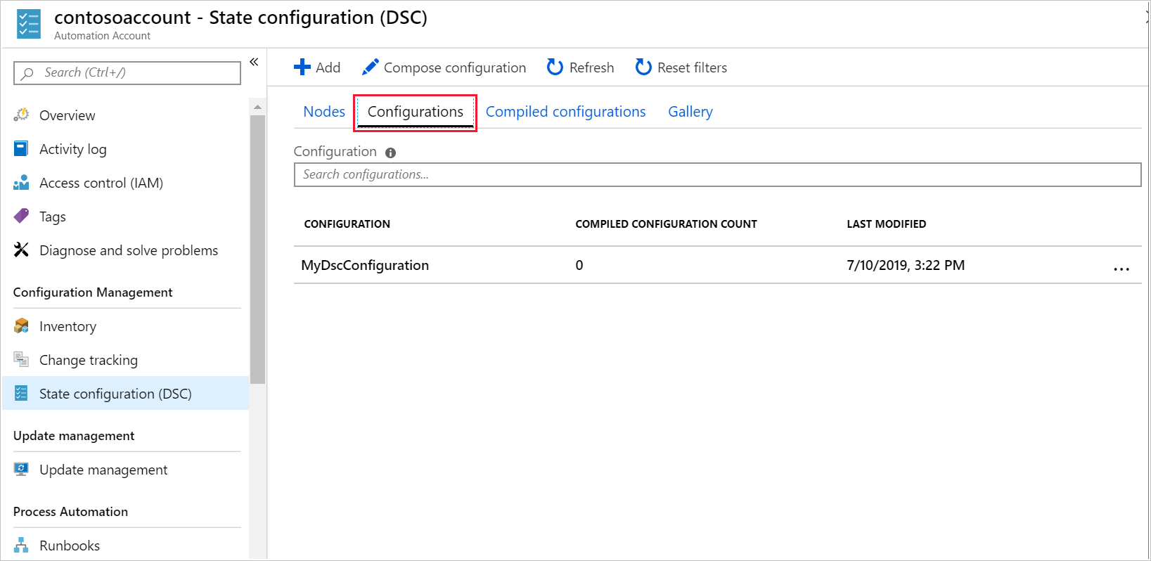 Screenshot of the Azure portal, showing the state configurations available on the State configuration (DSC) pane.