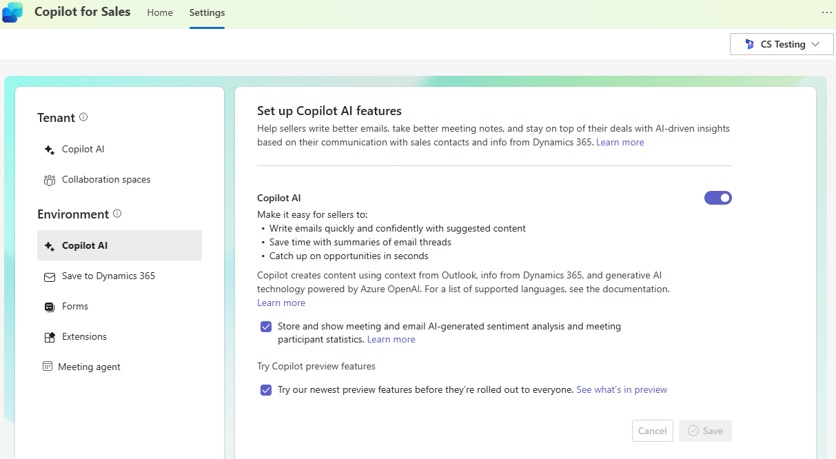 Screenshot of application settings for an environment.