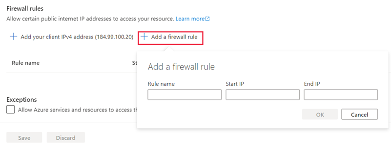 Screenshot of the Azure portal showing the server firewall rule creation.