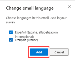 Screen image showing an option to change the email language with Spanish and French languages selected.