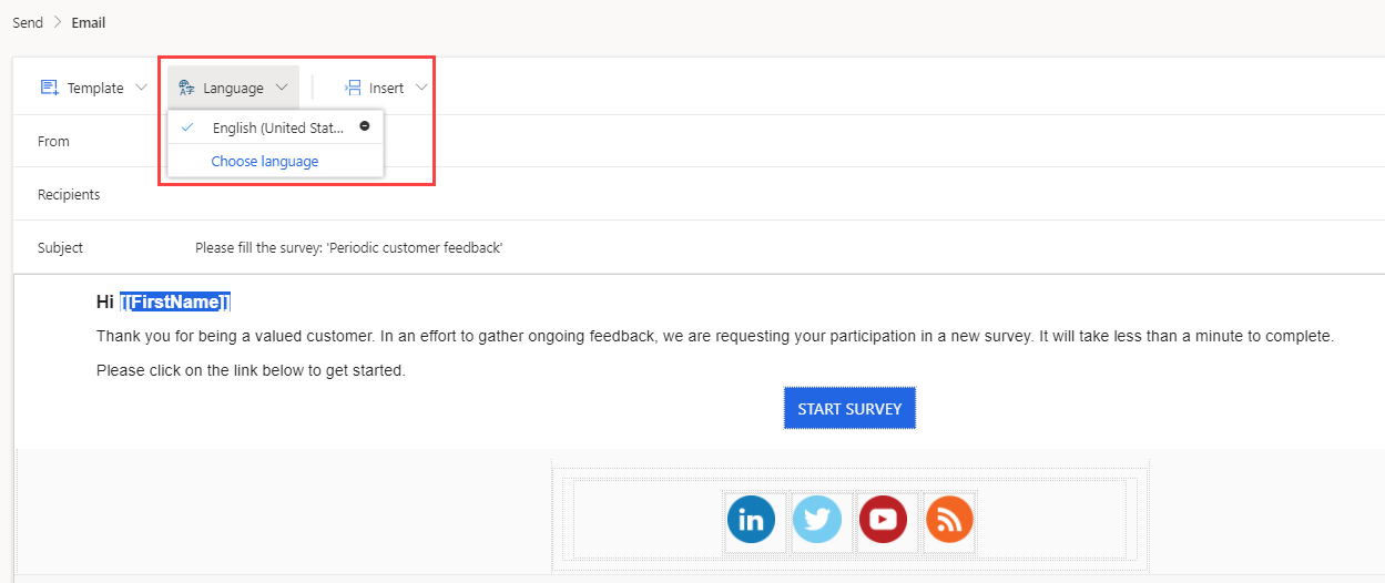 Screen image showing an email template in Dynamics 365 Customer Voice with the Language menu opened and the Choose language option highlighted.