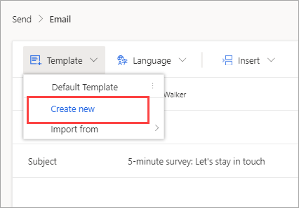 Screenshot showing the Template menu open on a survey in Dynamics 365 Customer Voice. The Create new option is highlighted.
