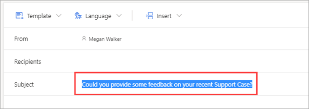 Screenshot showing an email template for a survey in Dynamics 365 Customer Voice. The subject is highlighted.