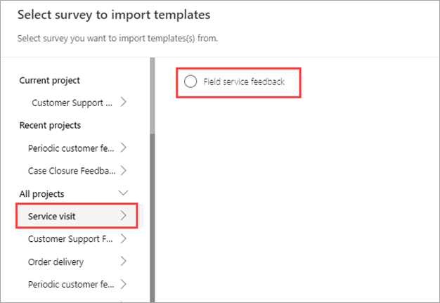 Screenshot showing a list of all projects in Dynamics 365 Customer Voice with the Service visit project highlighted. The Field service feedback email template is also highlighted.
