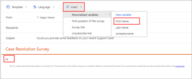 Screenshot showing the Insert menu open with the First Name variable highlighted to add it to an email template in Dynamics 365 Customer Voice.