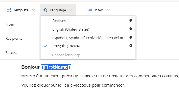 Screen image showing a dropdown menu with a list of four languages. The French version of an email template is selected.