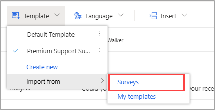 Screenshot showing the Template menu open for a survey in Dynamics 365 Customer Voice. The Import form flyout menu is open and the Surveys option is highlighted.
