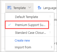 Screenshot showing the Template menu open with a list of available email templates. The Premium Support Survey email template is highlighted.