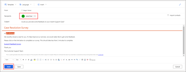 Screenshot showing the Send email screen open for a survey in Dynamics 365 Customer Voice. The Recipient field is highlighted with one contact added and the Send button is also highlighted.