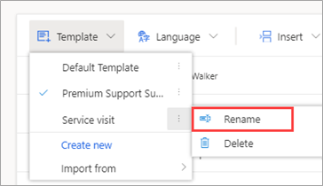 Screenshot showing the Template menu open with the Service visit email template selected. The flyout menu is open with the Rename option highlighted.