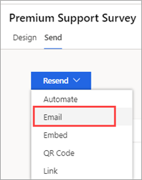 Screenshot showing the Send tab of a survey with the Resend menu open. The Email option is highlighted.