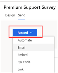 Screenshot showing the Send tab for a survey with the Resend option highlighted.