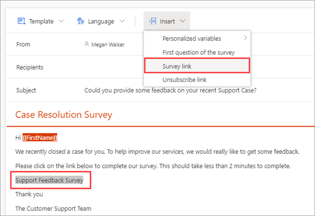 Screenshot showing an email template with the words Support Feedback Survey highlighted. The Survey link variable is highlighted and ready to be added to the template.