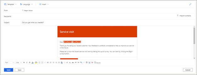 Screenshot showing a finished email template ready to be edited or used for sending to a contact.