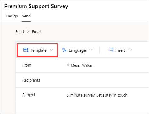 Screenshot showing the Email menu on a survey in Dynamics 365 Customer Voice. The Template menu is highlighted.