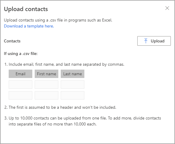 Screenshot of the Upload contacts dialog, where you can upload a CSV file and select a link to download a template.