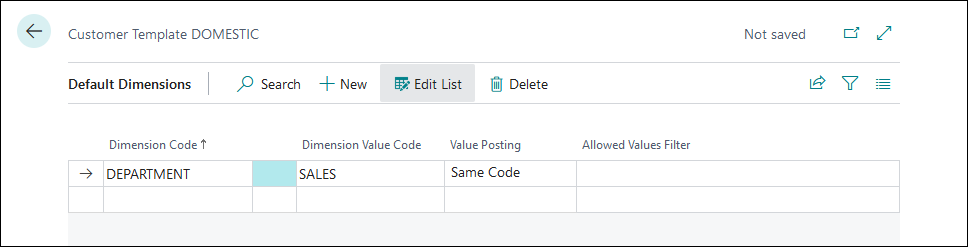 Screenshot of the Customer Template dimensions page.