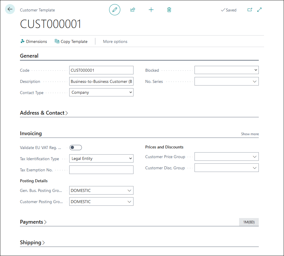 Screenshot of the Customer Template page.
