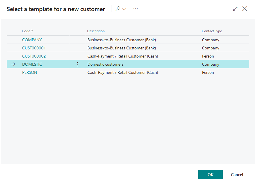Screenshot showing how to select a customer template.