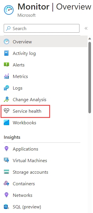 Screenshot that shows Service Health option selected from the left-hand side menu.