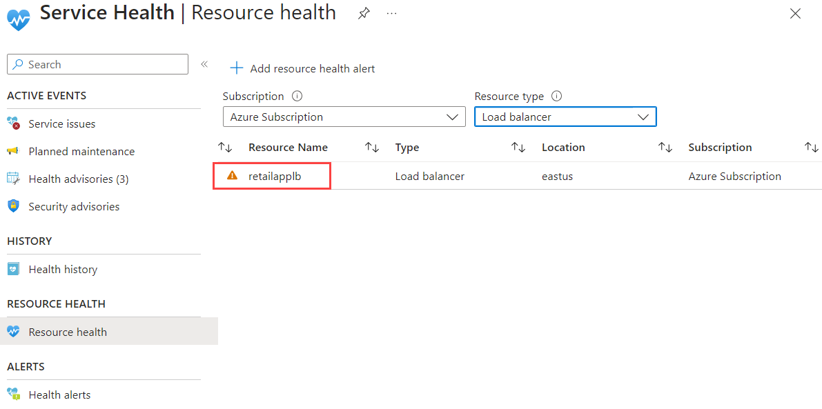 Screenshot of the Service Health - Resource health page that shows the retailapplb selected.