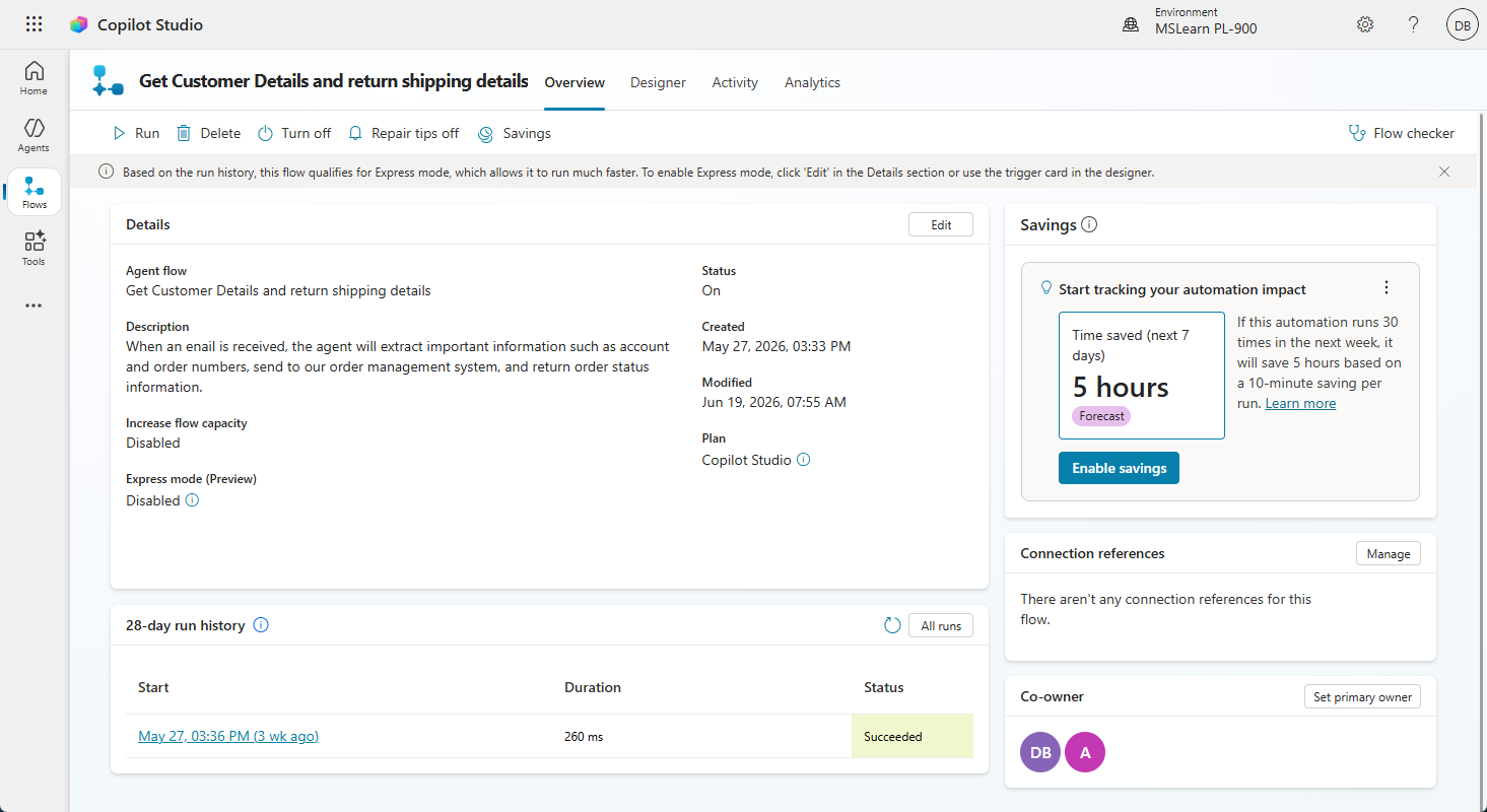 Screenshot of the Copilot Studio agent flow detail view showing run history, status, and estimated time saved per week.