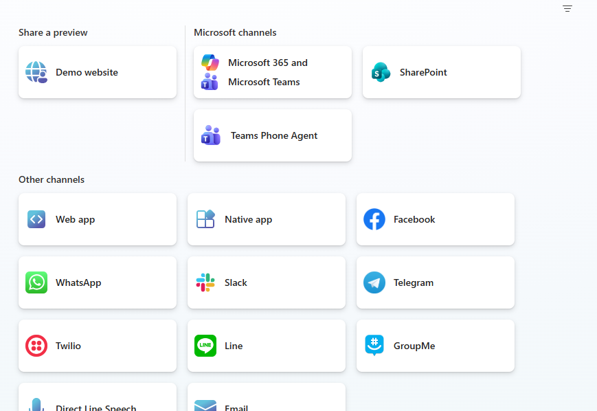 Screenshot of the Copilot Studio channel publishing options, including Microsoft Teams, SharePoint, Microsoft 365 Copilot, and other channels.