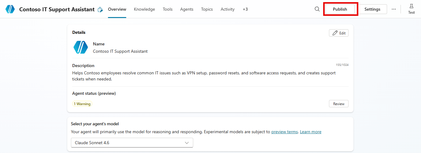 Screenshot of the Copilot Studio publish page showing channel options for deploying the Contoso IT Support Agent to Microsoft Teams.