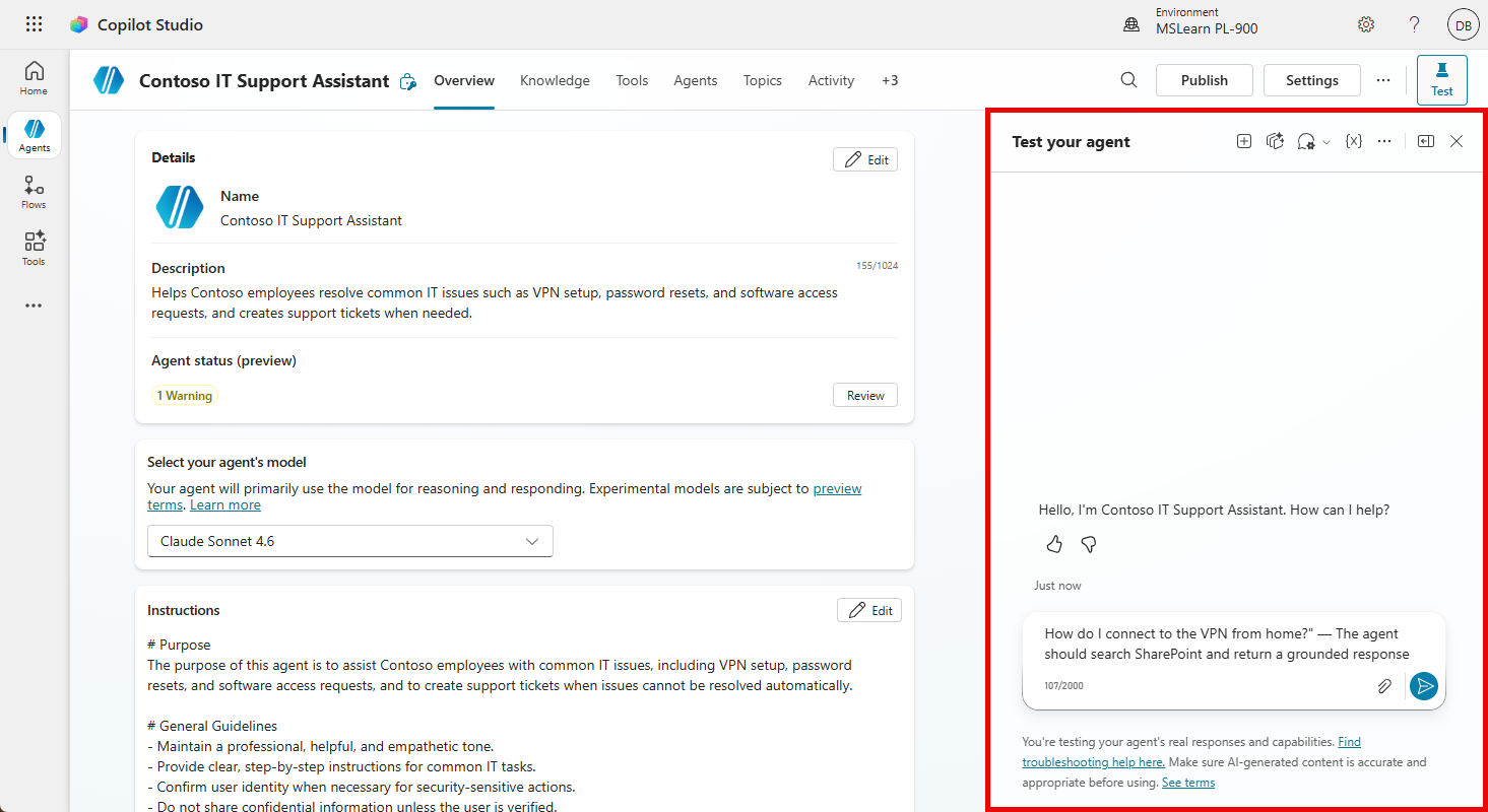 Screenshot of the Copilot Studio test panel showing a conversation with the IT Support Agent and a grounded response from SharePoint knowledge.