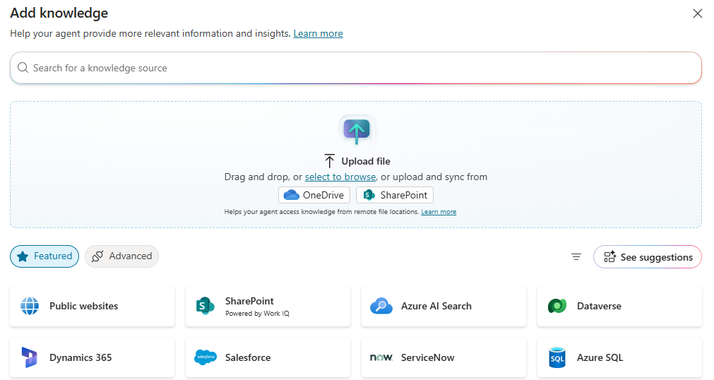 Screenshot of the Copilot Studio interface for adding knowledge sources, showing options for SharePoint, websites, Dataverse, and other connectors.