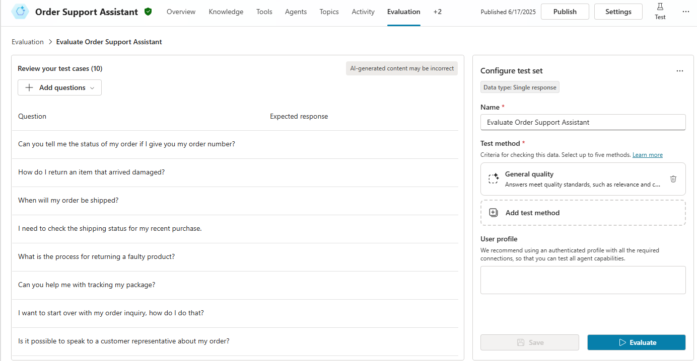 Screenshot of the Copilot Studio evaluation interface showing a test set with questions and expected responses for an order support assistant.