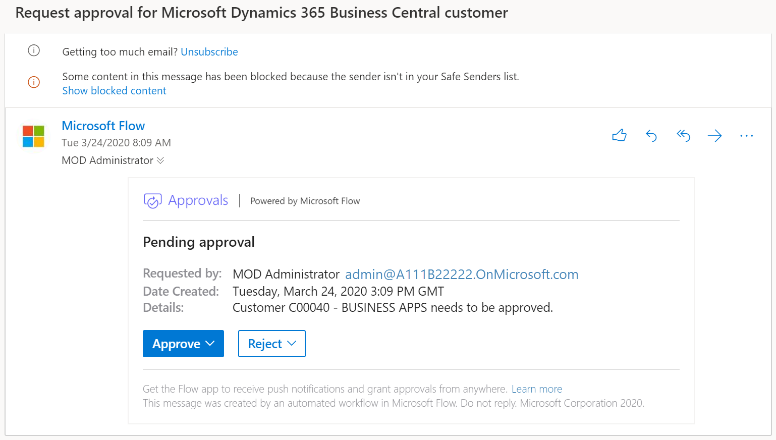 Screenshot of the approval email with approve and reject buttons.