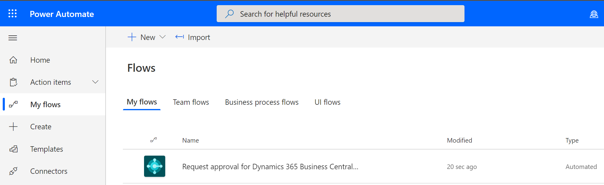 Screenshot of the new Business Central approval flow in Power Automate My flows window.