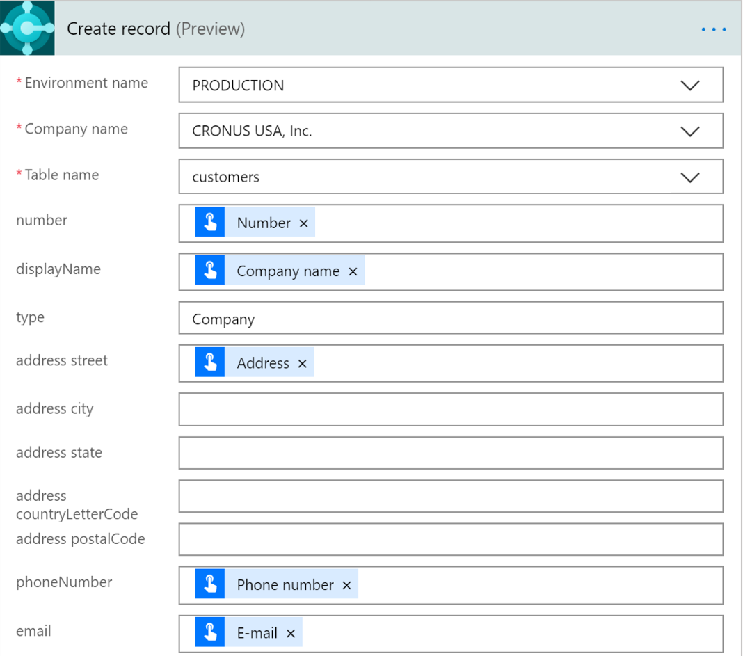 Screenshot of the Create record screen with values set.
