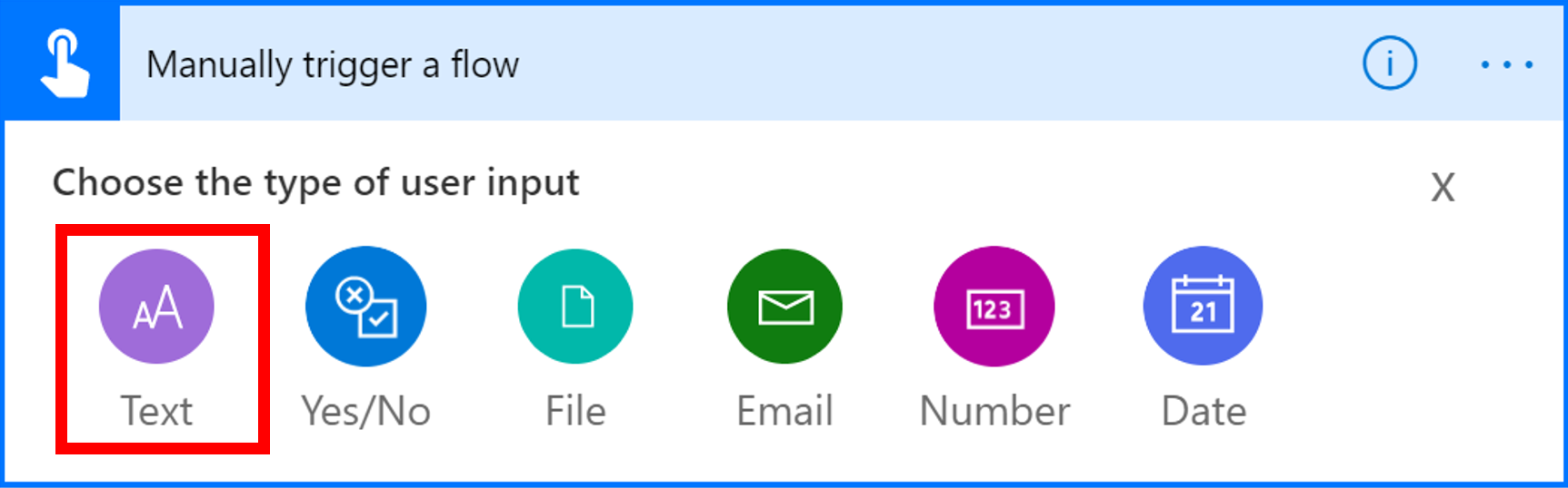 Screenshot of the manual trigger a flow window with text selected as input.