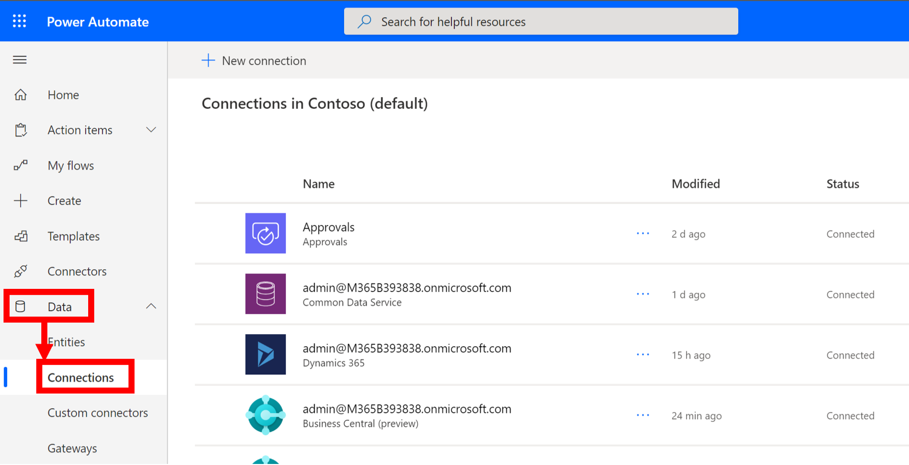 Screenshot of Data Connections in Power Automate.