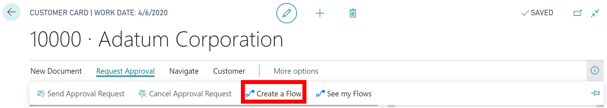 Screenshot of the Create a flow button from the Customer Card.