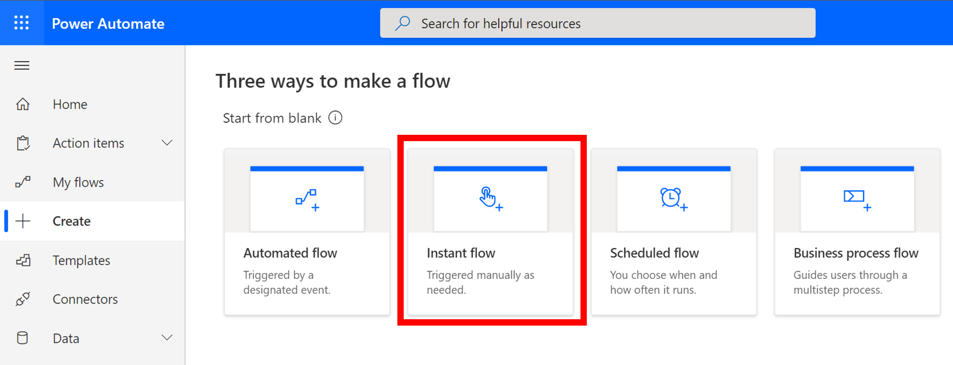 Screenshot of the Create menu with Instant flow selected.