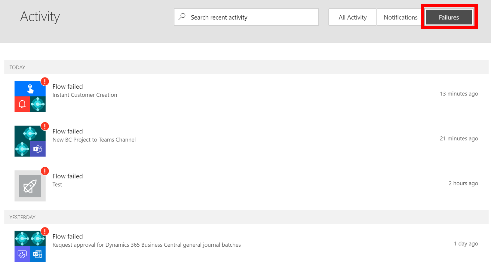 Screenshot of the Failures button in the Activity log.