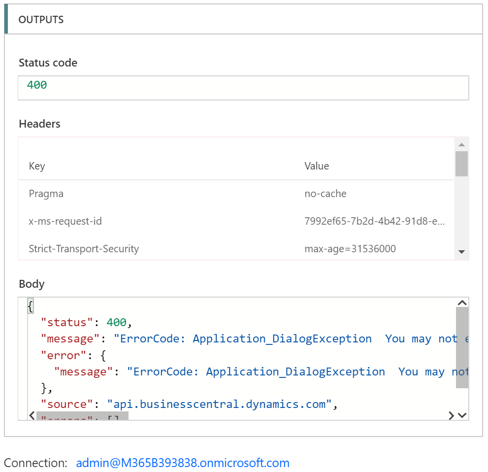 Screenshot of the Output details for a failed flow.