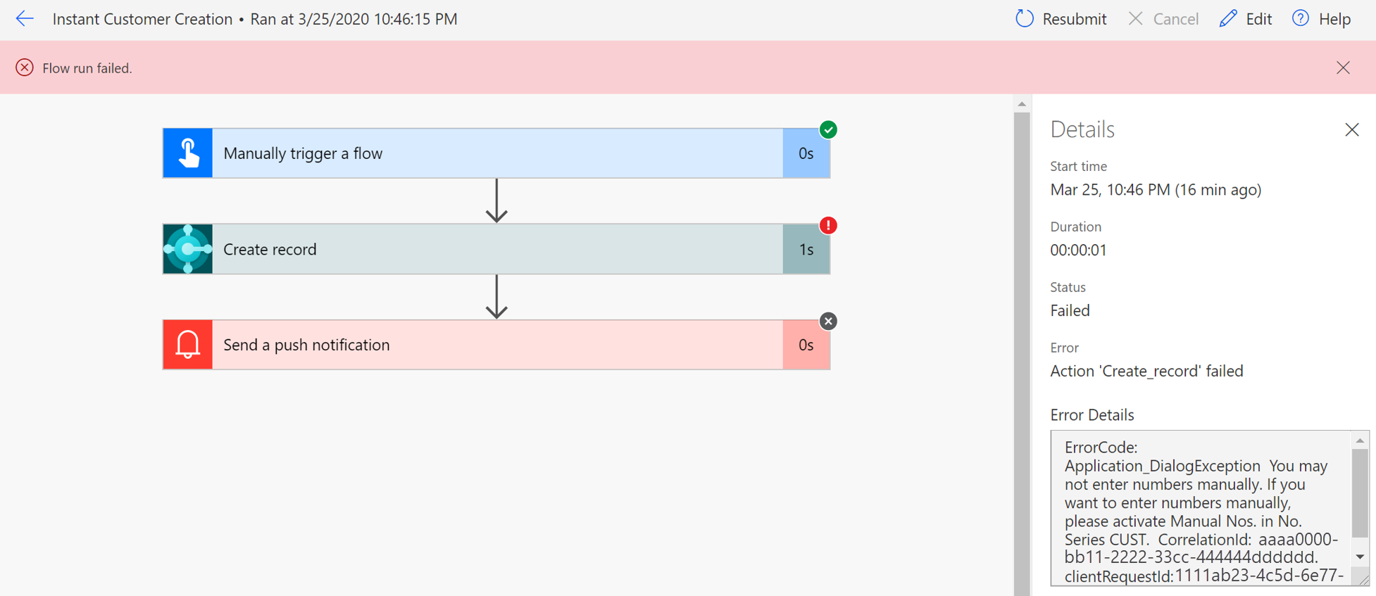 Screenshot of the error details for the flow.