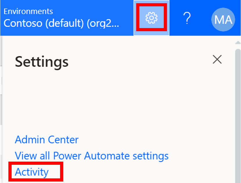 Screenshot of the settings gear icon and Activity button in Power Automate.