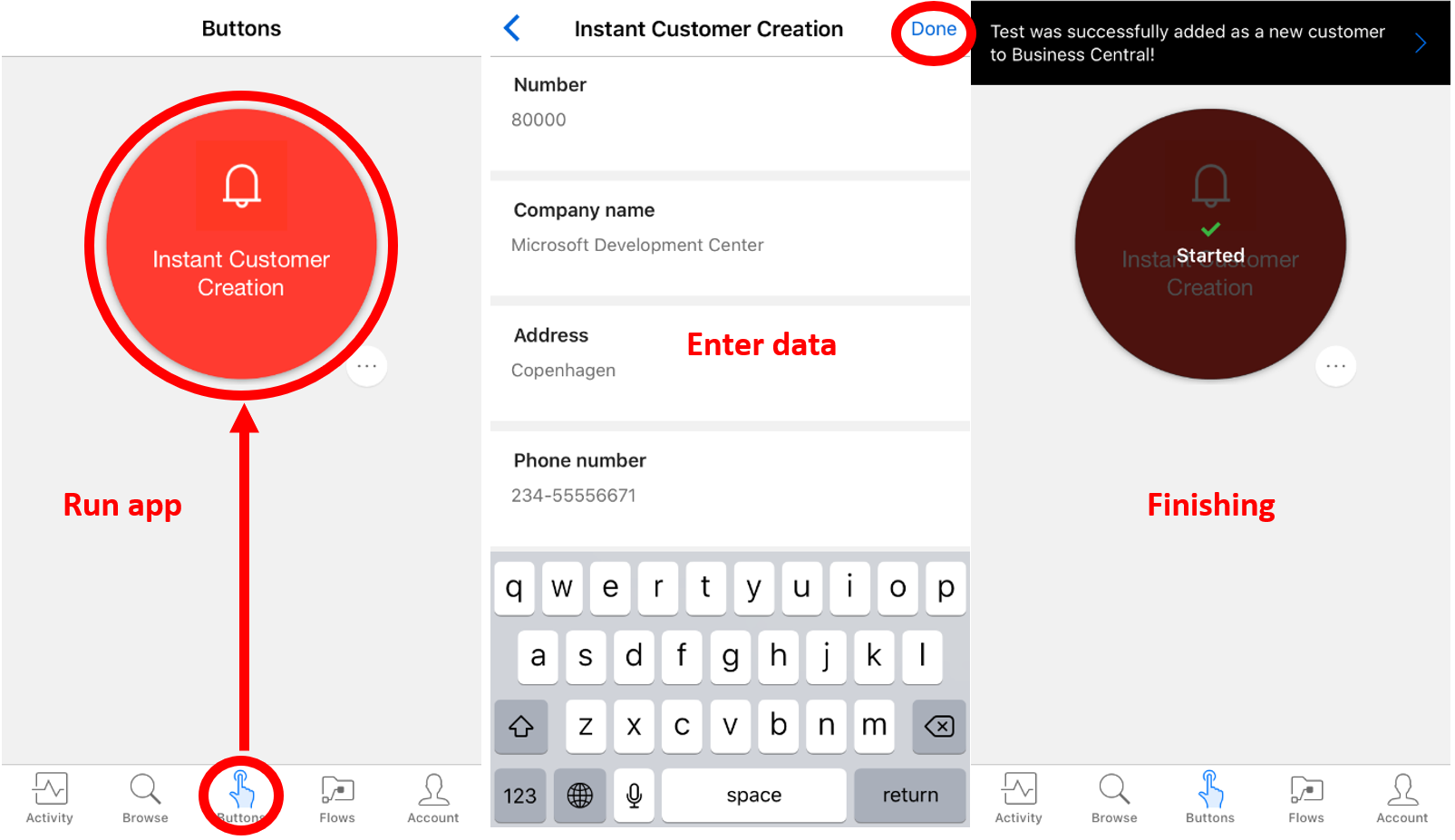 Screenshots of running an instant flow from the Power Automate phone app.