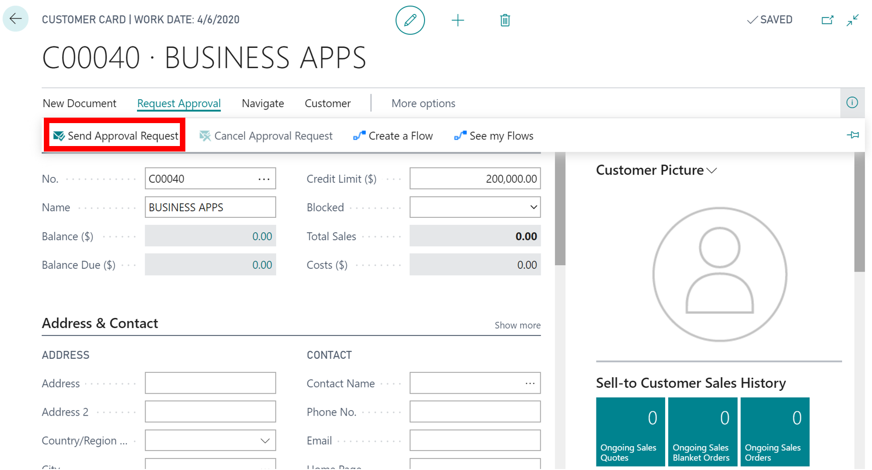 Screenshot of the Send Approval Request button on the customer card.