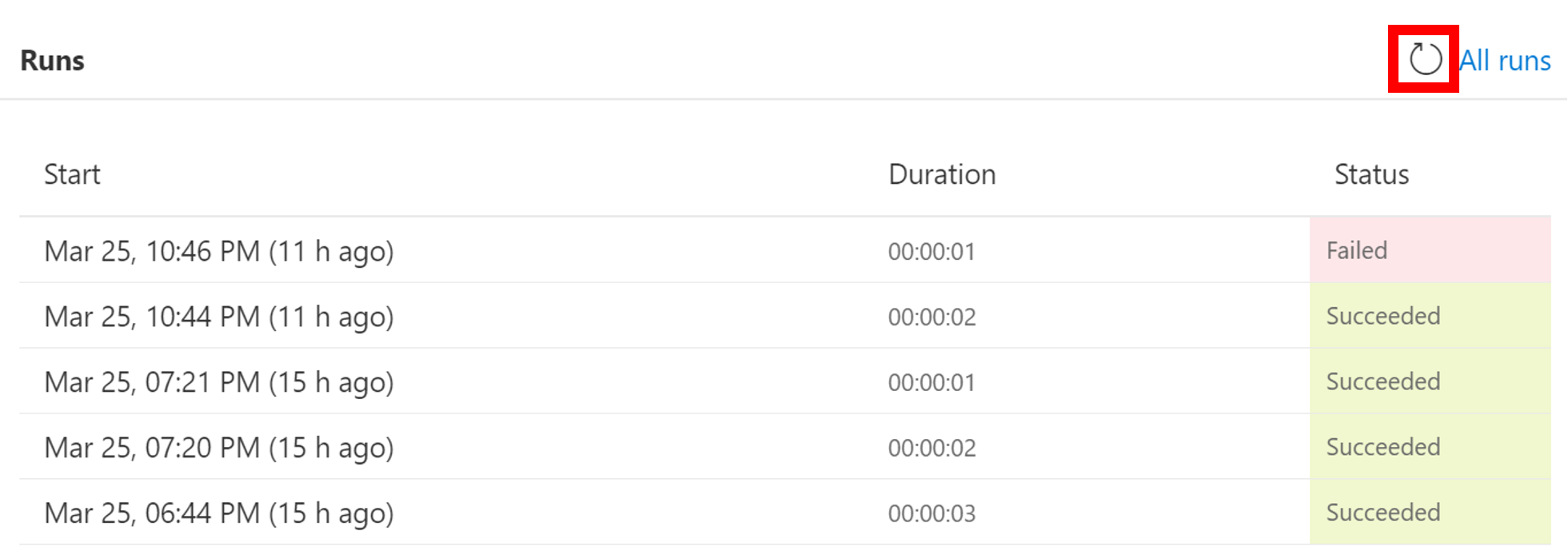 Screenshot of the refresh feature on the Runs window.