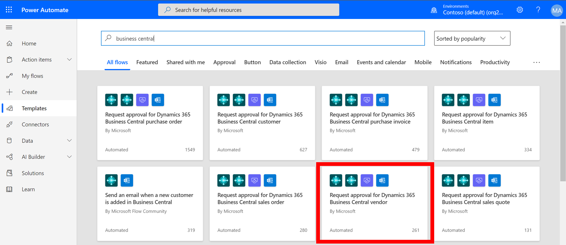 Screenshot of the Business Central templates in Power Automate with Request approval for vendor highlighted.